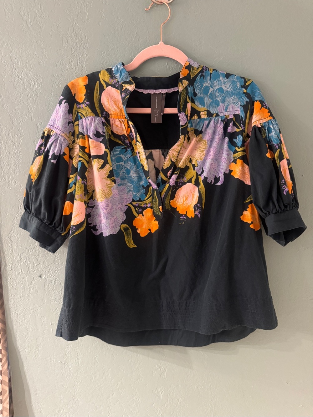 Blue Floral Split-Neck Puff Sleeve Top - Anthropologie - Medium